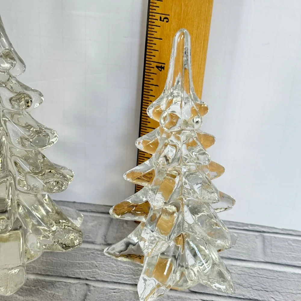 Vtg Clear Art Glass Christmas Tree Figurines Set of 2 Hand Blown 6